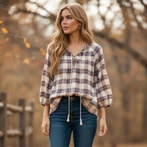 Bella by Kim Gravel‎ Flannel Lace Up Balloon Sleeve Peasant Fringe Plaid Boho